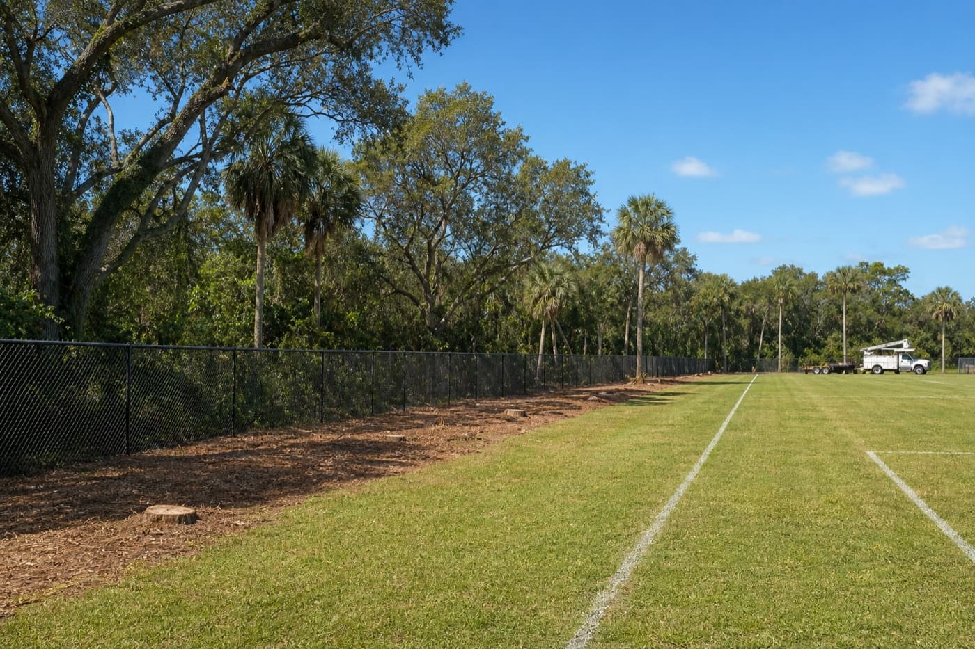 A cleared treeline bordering a Florida school athletic field at the end of a tree work project.