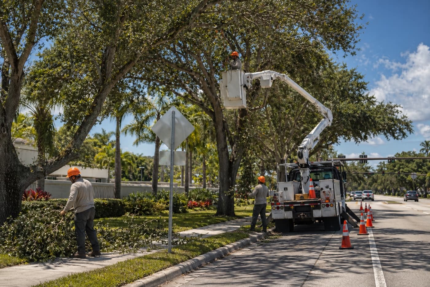 A tree crew clearing limbs from a city right-of-way beside a sidewalk and street.