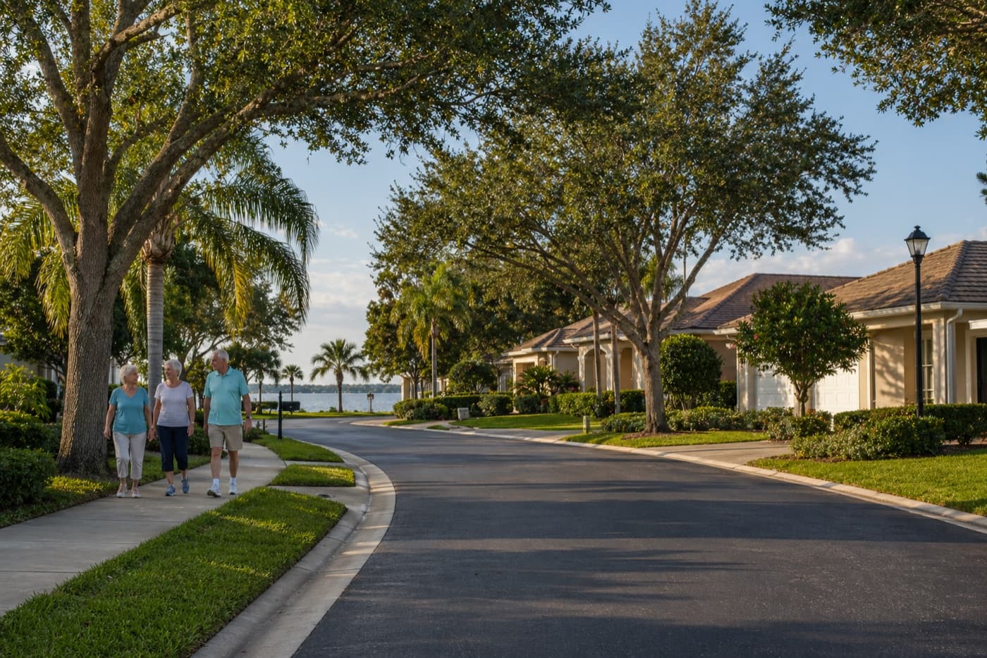 A coastal Florida community street after a recurring canopy trim cycle with residents walking on a clear sidewalk.