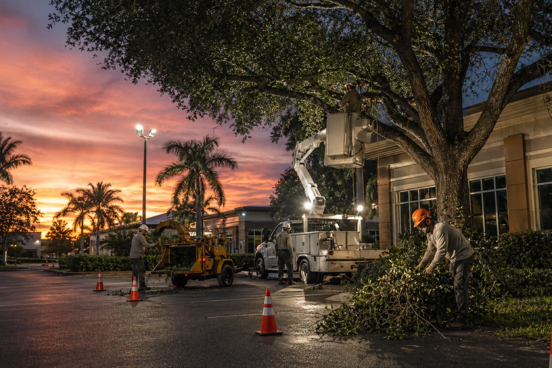 A tree service crew working after hours at a Florida commercial property with work lights and traffic cones set.