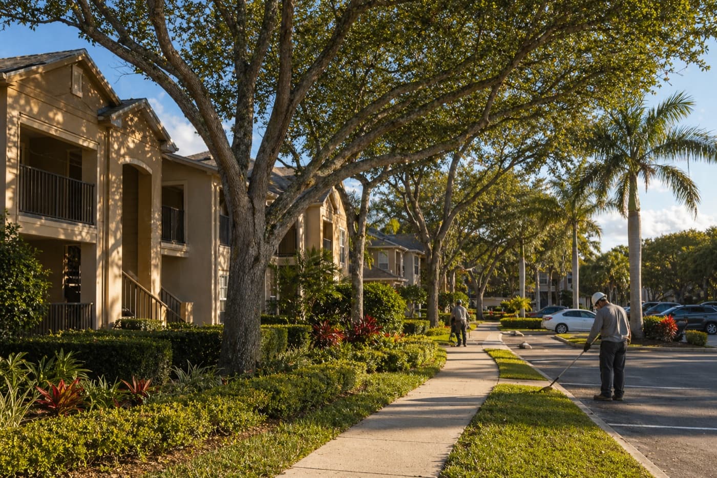 A Florida multifamily community with freshly trimmed tree canopy and a crew finishing cleanup.