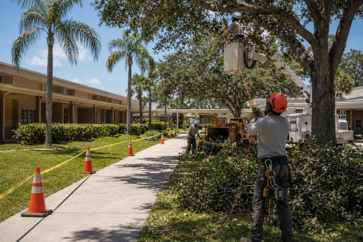 A tree crew clearing limbs along a Florida school walkway with cones and caution tape set.