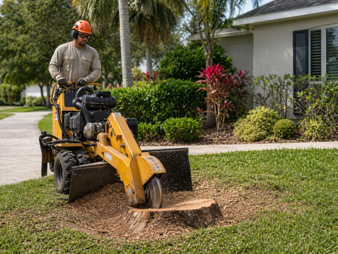 A stump grinder clearing an old stump below grade in a residential Florida yard.