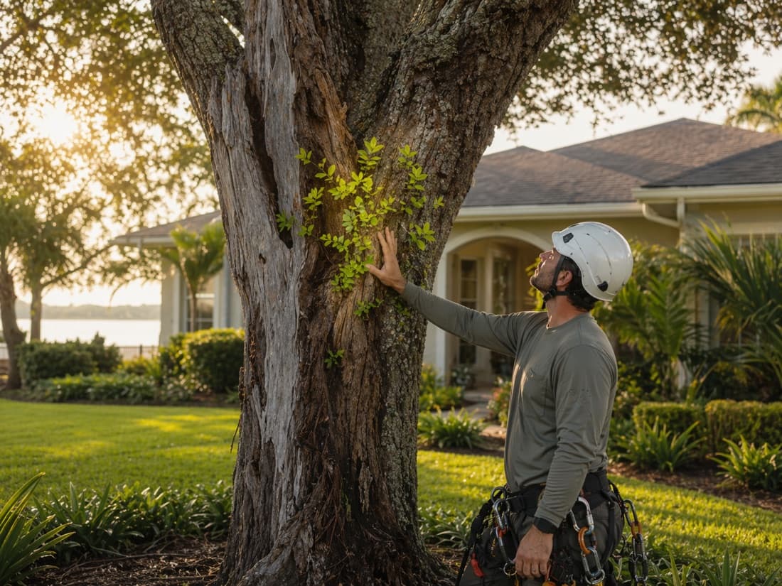 An arborist inspecting a stressed tree where new green growth appears around the trunk.