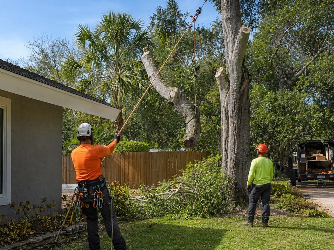 A tree crew guiding a roped limb section away from a Florida home and fence.