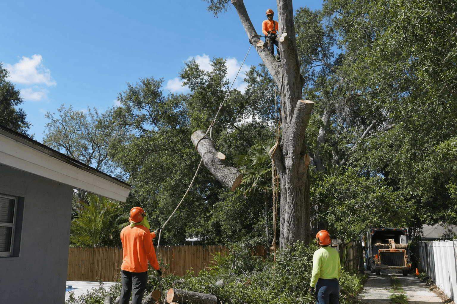 A tree crew rigging a large leaning oak away from a single-story Florida home, with a drop zone roped off below.